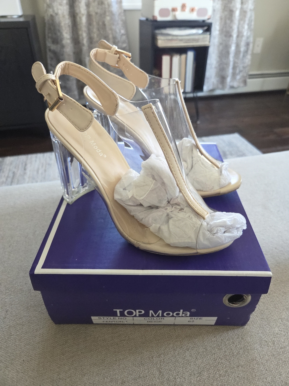 TOP Moda Clear Strap Nude Block Heel Sandals